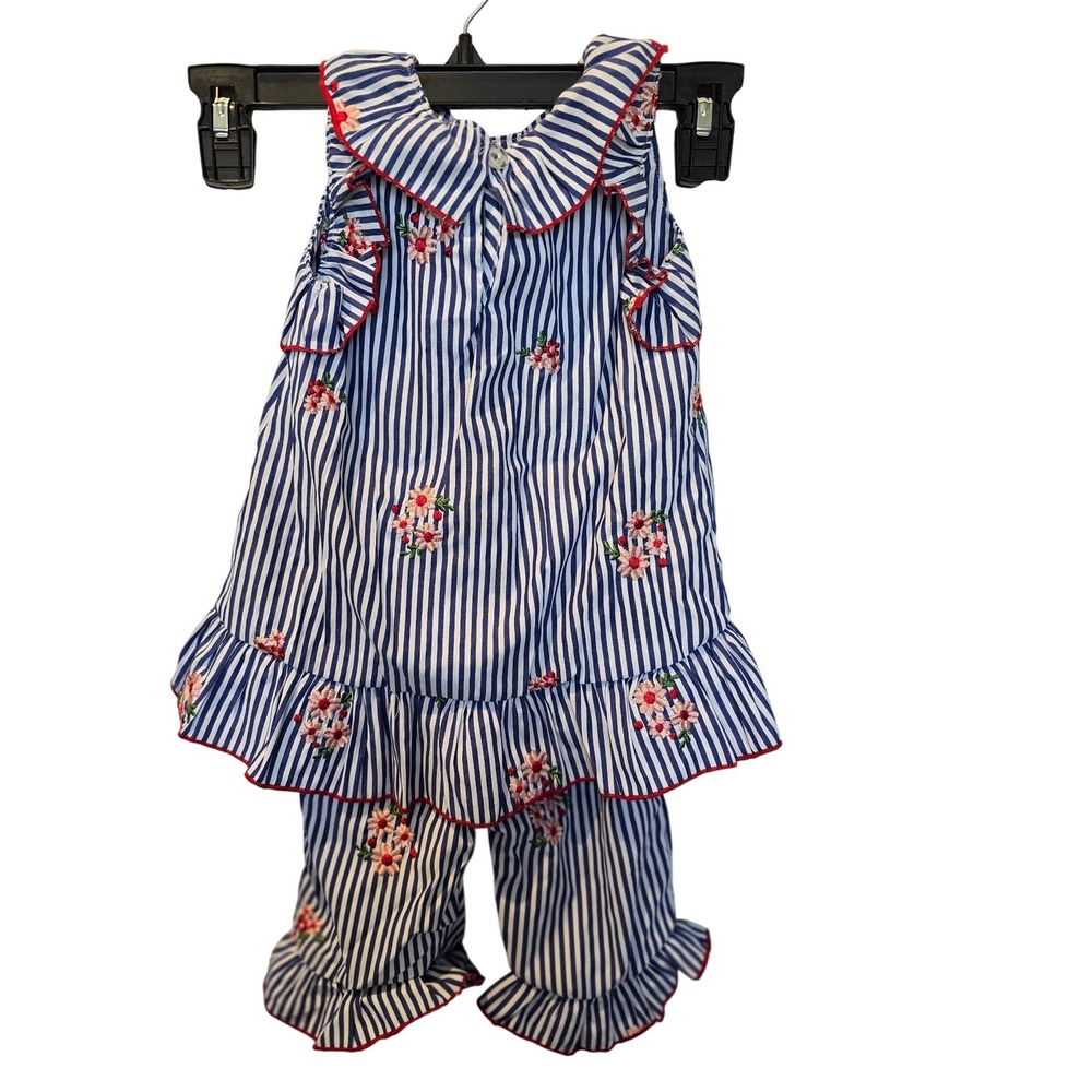 Rare Editions Toddler Girls Blue White Striped Floral Embroidered Outfit Set 24M - Picture 3 of 6